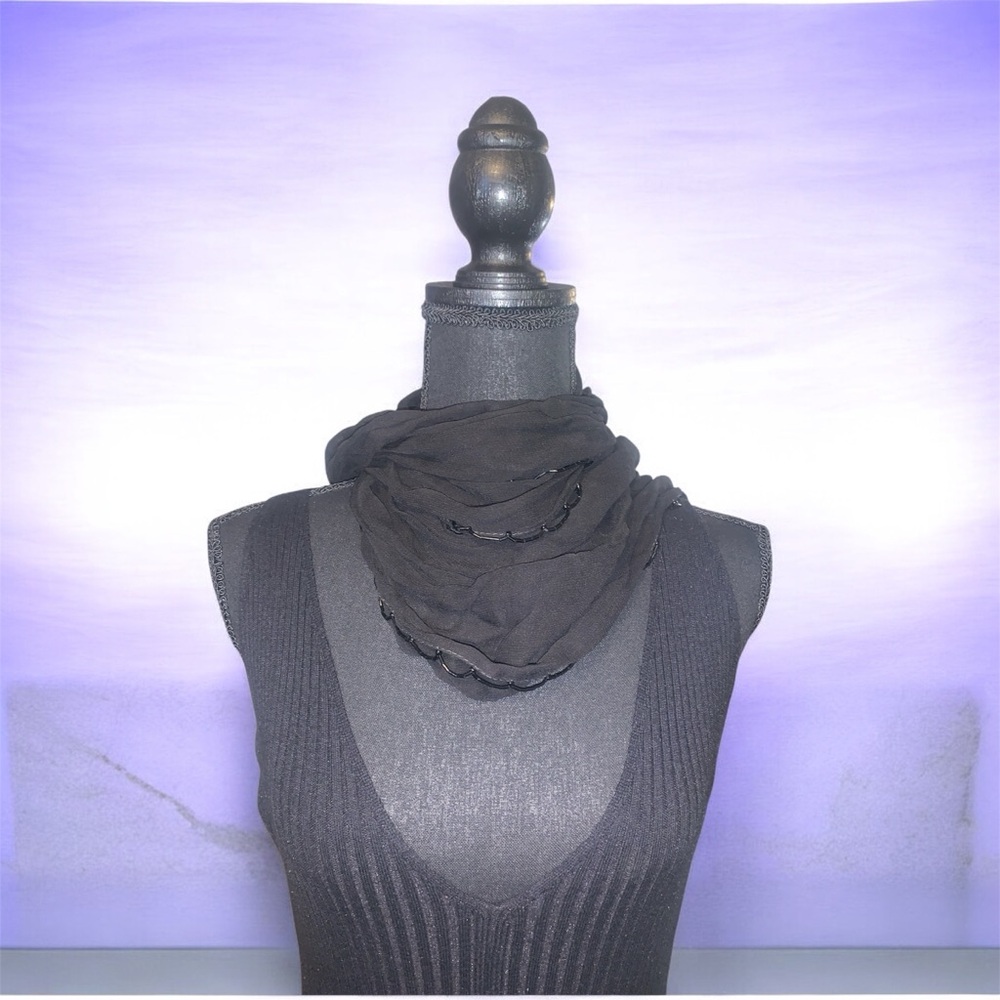 Vintage 90s Black Scarf w Beaded Edges Sz 54”X10”